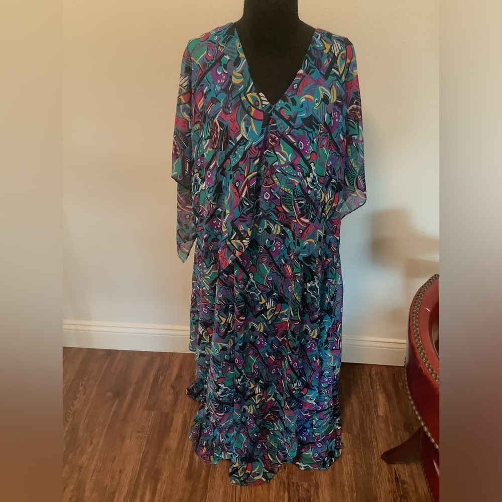 Vicky Teal vintage Women’s 2X abstract layered v- neck‎ bohemian festival dress